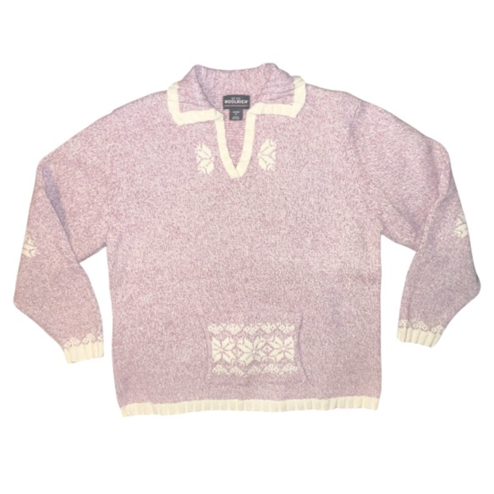 Vintage Woolrich Mauve Knit Collared Sweater Snowflakes Kangaroo Pocket Size XL